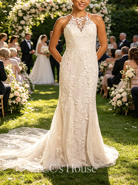 Modest High-Neck Halter Lace Mermaid Wedding Dress