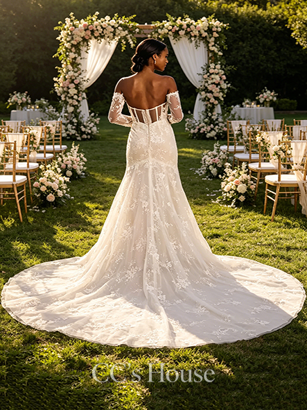 Versatile Removable Sleeve Appliqued Mermaid Wedding Dress