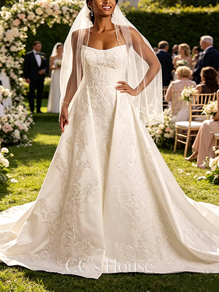 Grand Appliqued Satin Wedding Dress with Flowy Overskirt