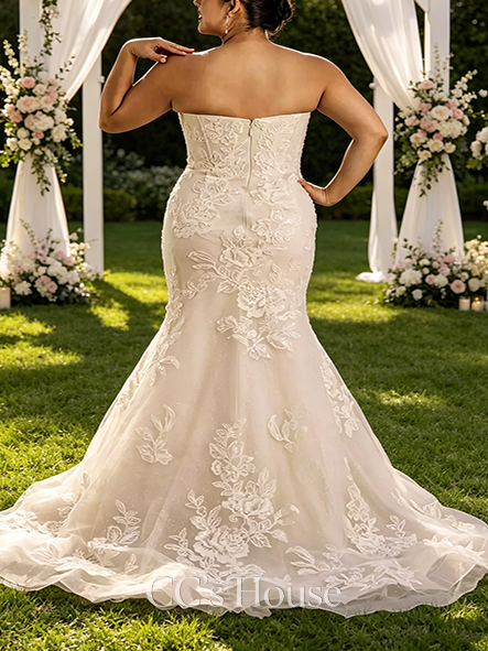 Pastoral Floral Strapless Tulle Mermaid Wedding Dress