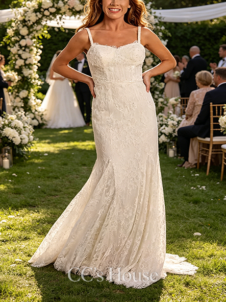 Feminine Spaghetti Strap Lace Mermaid Wedding Dress