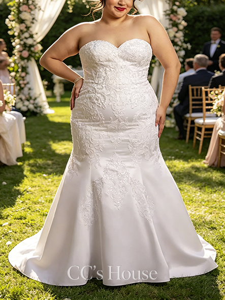 Shiny Beaded Satin Strapless Mermaid Wedding Dress