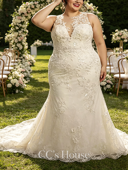 Sheer Lace Illusion Tank Mermaid Wedding Dress