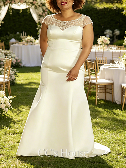 Petal Beaded Cap Sleeve Satin Mermaid Wedding Dress