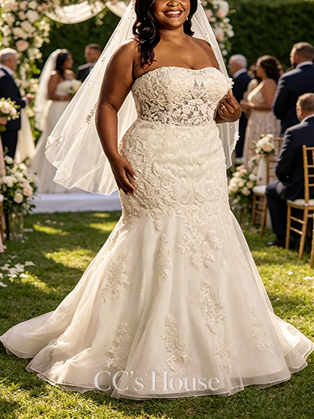 Intricate Lace Applique Illusion Bodice Mermaid Wedding Gown