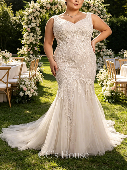 Romantic Beaded Lace Applique Tulle Mermaid Wedding Dress