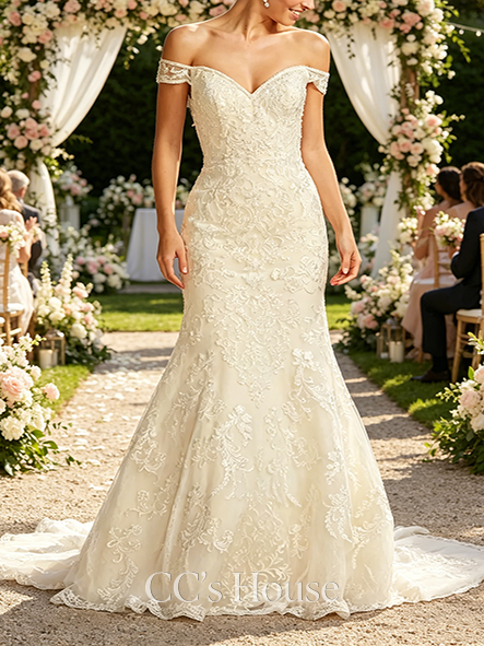 Bardot Beaded Lace Off Shoulder Wedding Dress