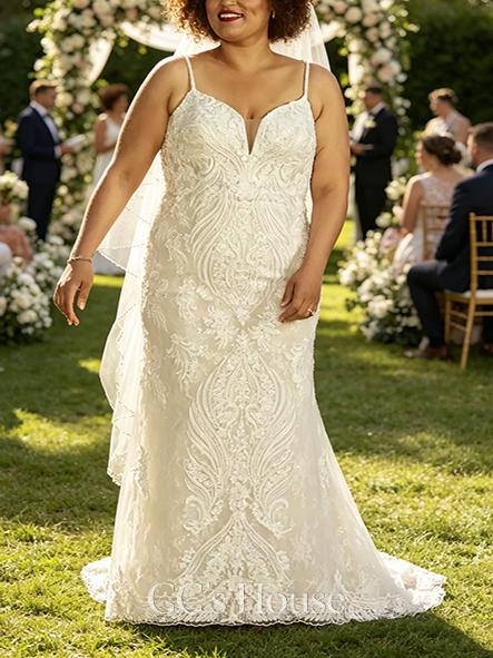 Skinny Strappy Allover Beaded Lace Mermaid Wedding Dress