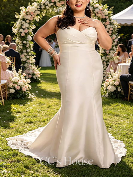 Trailing Mikado Trumpet Wedding Dress with Lace Train