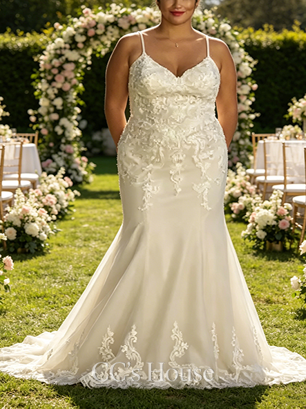 Boning Appliqued Lace-Up Spaghetti Strap Wedding Dress