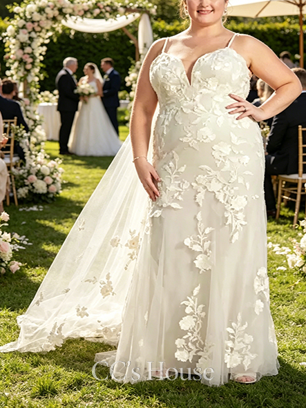 Flowy Lace Applique Tulle V-Neck Mermaid Wedding Gown