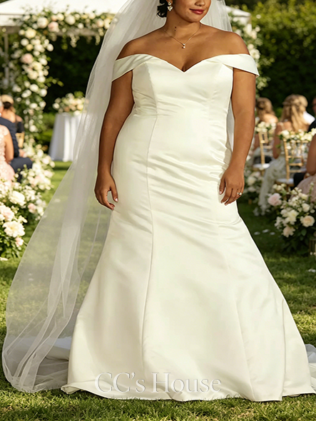 Draped Off-Shoulder Satin Mermaid Wedding Dress