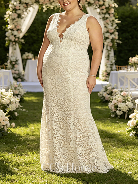 Delicate Allover Lace Tank Wedding Gown with V-Back Detail