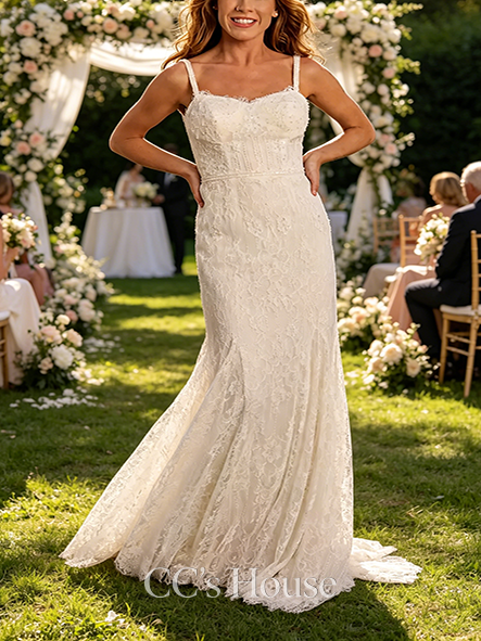 Thin Spaghetti Strap Lace Mermaid Wedding Dress