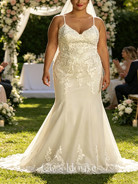 Corset Appliqued Lace-Up Spaghetti Strap Wedding Dress