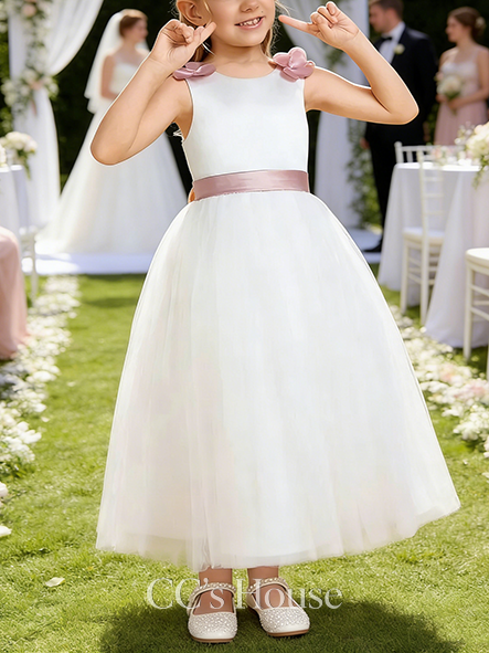 A-line Lovely Scoop Tea-Length Tulle Satin Flower Girl Dress With Bow 3D Floral