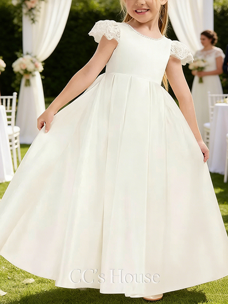 A-line Classic Scoop Floor-Length Satin Flower Girl Dress With Bow