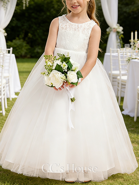 A-line Gorgeous Scoop Floor-Length Lace Tulle Flower Girl Dress With Beading