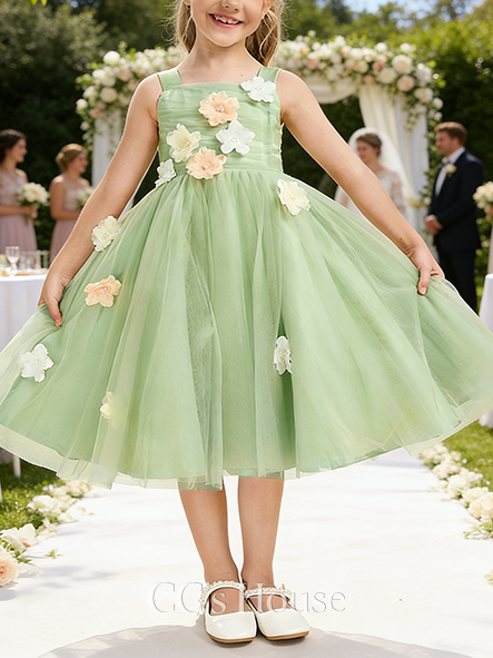 A-line Cute Square Tea-Length Tulle Flower Girl Dress With 3D Floral