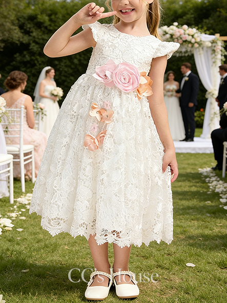 A-line Sweet Scoop Tea-Length Lace Lining 100% Cotton Flower Girl Dress With 3D Floral