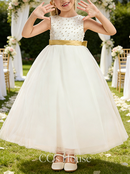 A-line Luxury Scoop Ankle-Length Satin Tulle Flower Girl Dress With Bow Beading