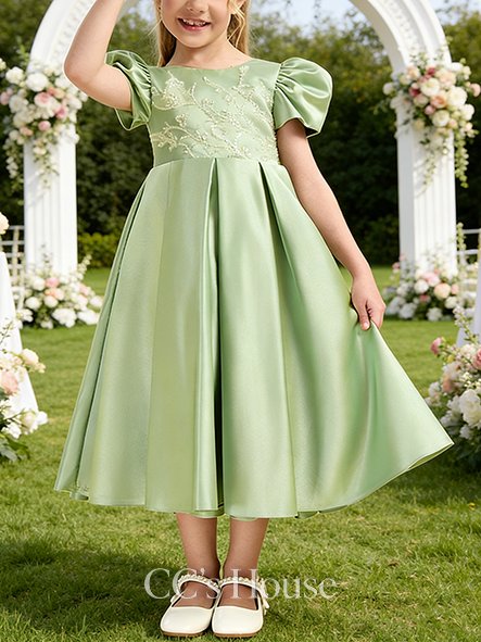 A-line Elegant Scoop Ankle-Length Satin Lace Flower Girl Dress