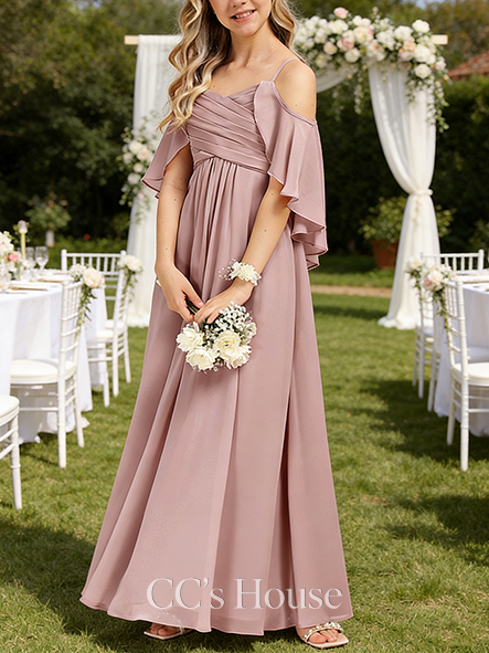 A-line Special Cold Shoulder Floor-Length Chiffon Junior Bridesmaid Dress With Cape