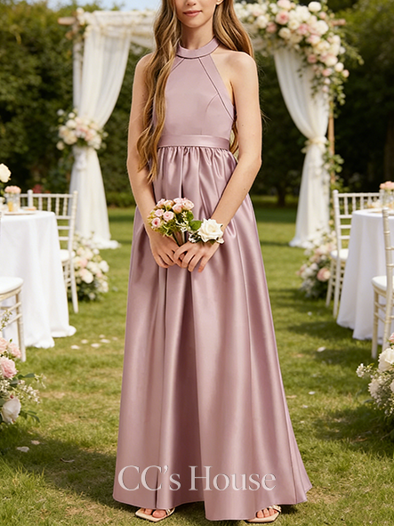 A-line Sleek Halter Floor-Length Satin Junior Bridesmaid Dress