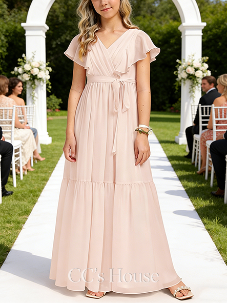 A-line Graceful V-Neck Floor-Length Chiffon Junior Bridesmaid Dress