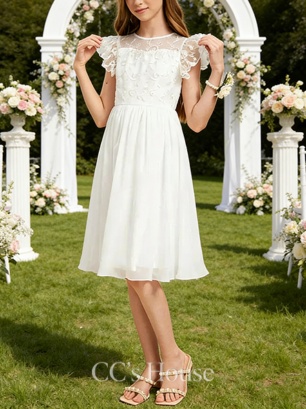 A-line Lacy Scoop Knee-Length Chiffon Lace Junior Bridesmaid Dress