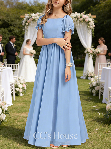 A-line Romantic Off the Shoulder Square Floor-Length Chiffon Junior Bridesmaid Dress
