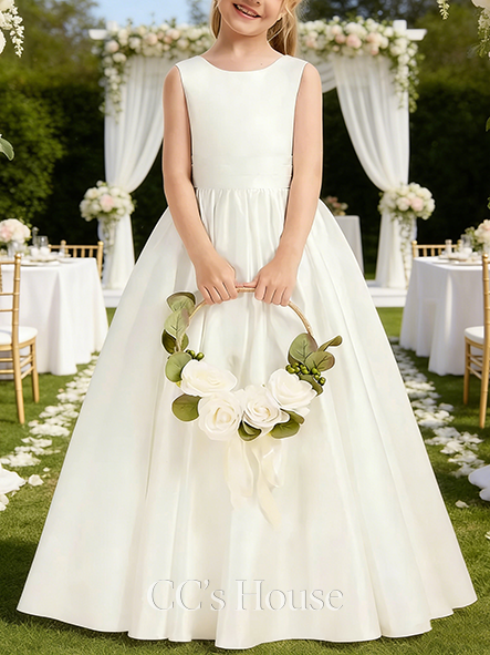 A-line Classic Scoop Floor-Length Satin Flower Girl Dress With Bow