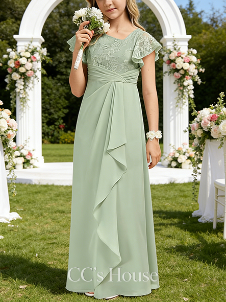 A-line Lacy Asymmetrical Floor-Length Chiffon Lace Junior Bridesmaid Dress