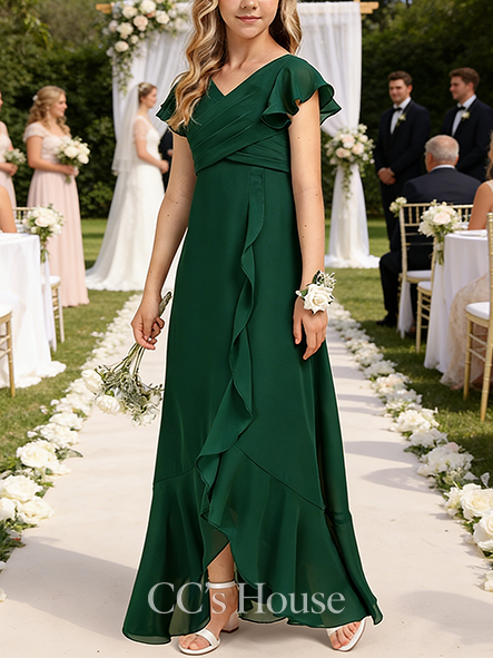 A-line Chic V-Neck Asymmetrical Chiffon Junior Bridesmaid Dress