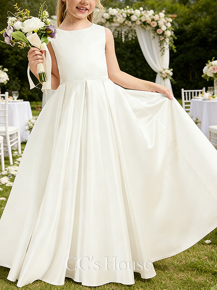 A-line Classic Scoop Floor-Length Satin Flower Girl Dress With Bow