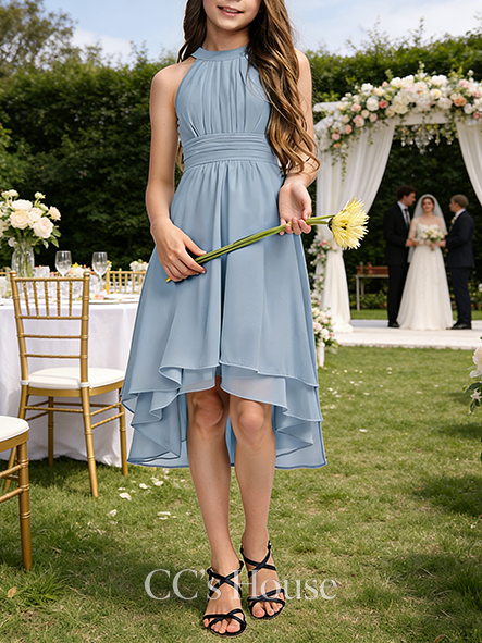 A-line Pleated Halter Asymmetrical Mesh Junior Bridesmaid Dress With Pleated