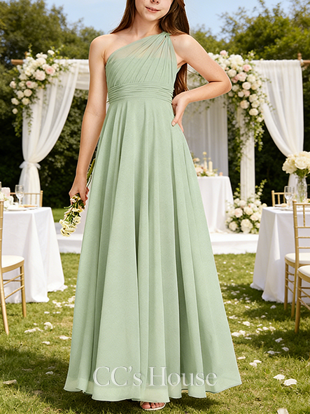 A-line Mesh One Shoulder Floor-Length Mesh Junior Bridesmaid Dress