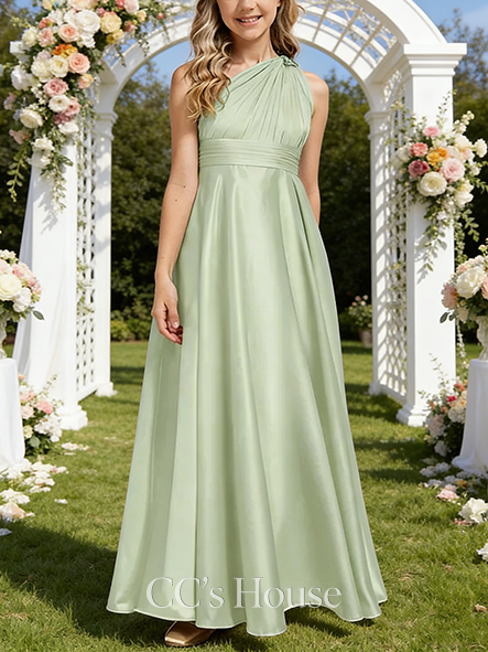 A-line Matte One Shoulder Floor-Length Matte Satin Junior Bridesmaid Dress