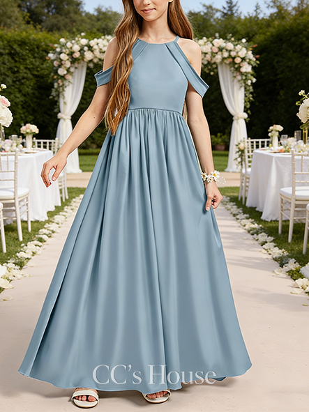 A-line Matte Halter Floor-Length Matte Satin Junior Bridesmaid Dress
