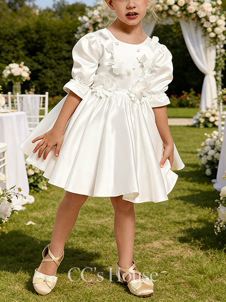 A-line Pretty Scoop Knee-Length Satin Flower Girl Dress With 3D Floral