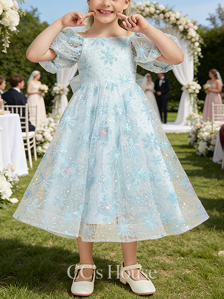 A-line Glam Cold Shoulder Tea-Length Lace Sequin Flower Girl Dress With Bow