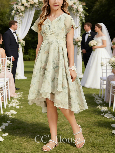 A-line Chic V-Neck Asymmetrical Chiffon Junior Bridesmaid Dress