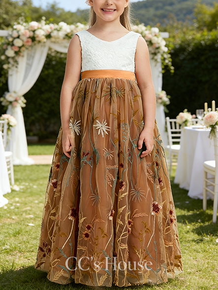 A-line Feminine V-Neck Floor-Length Lace Floral Flower Girl Dress