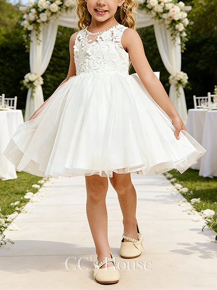 A-line Sweet Scoop Knee-Length Tulle Lining 100% Cotton Lace Flower Girl Dress With Bow
