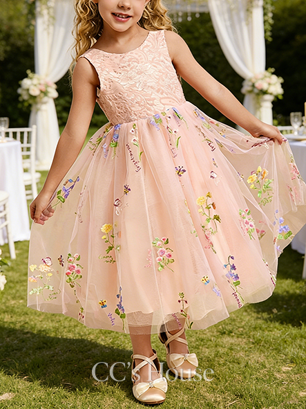 A-line Bloomy Scoop Tea-Length Lace Floral Flower Girl Dress