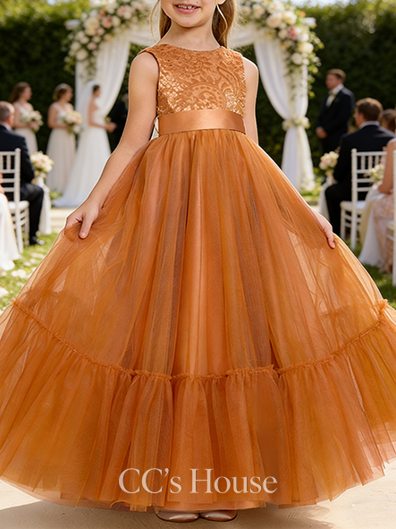 A-line Lacy Scoop Floor-Length Tulle Lace Flower Girl Dress