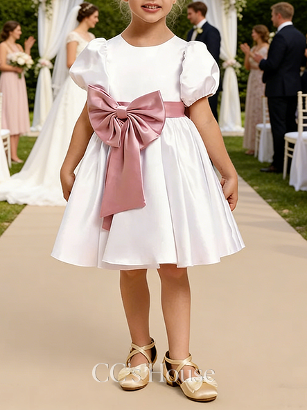 A-line Sweet Scoop Knee-Length Satin Flower Girl Dress With Sash Bow
