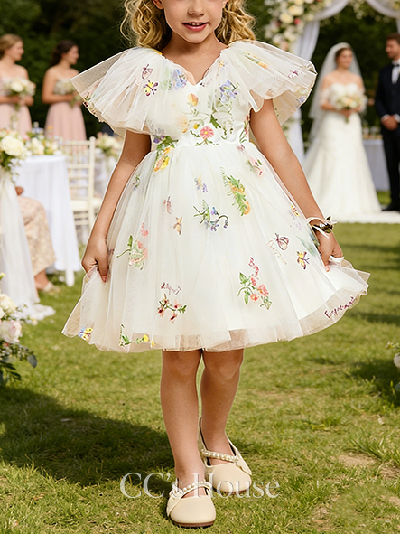 A-line Floral V-Neck Knee-Length Lace Floral Flower Girl Dress