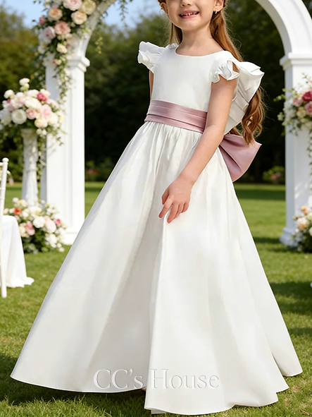 A-line Soft Scoop Floor-Length Lining 100% Cotton Satin Flower Girl Dress With Bow