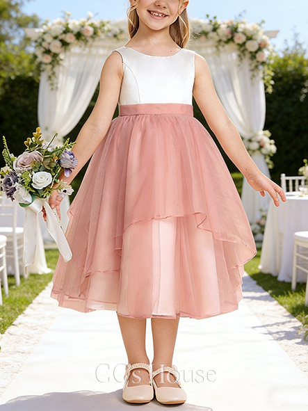A-line Sweet Scoop Tea-Length Satin Organza Flower Girl Dress With Bow